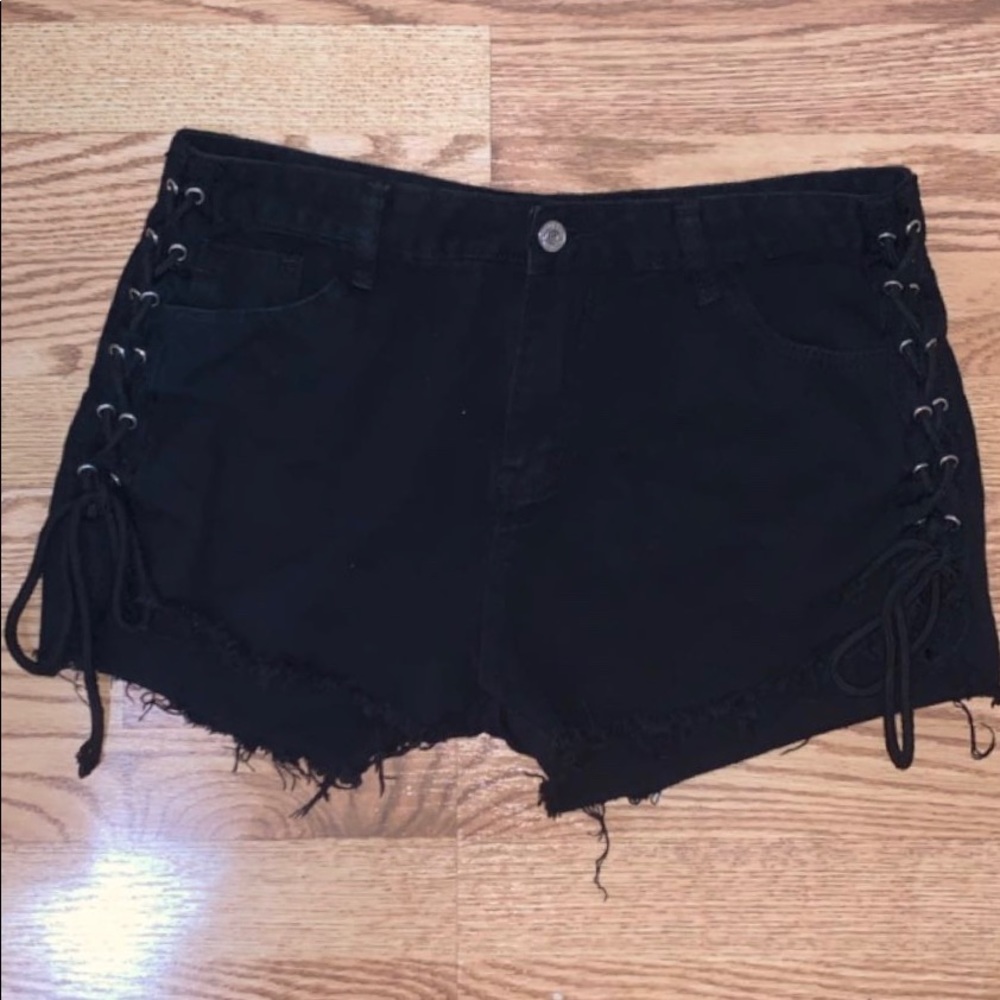 Raw Hem Lace Up Denim Shorts